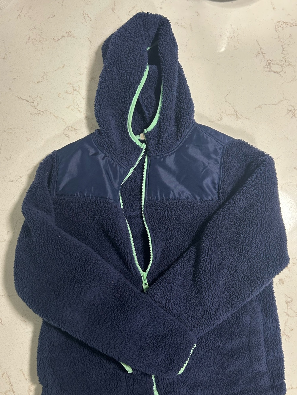 SO Navy Sherpa Hooded Puffer Jacket with Mint Trim
